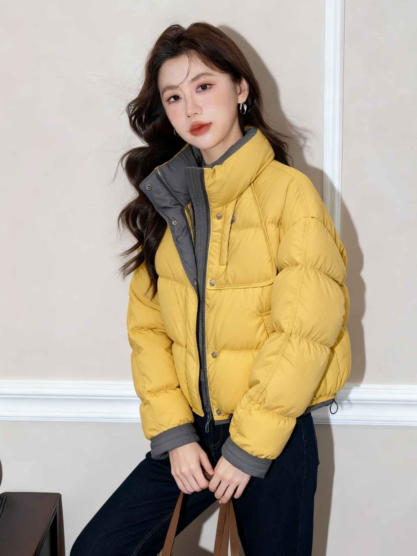 黄色撞色短款羽绒服女款冬时尚小个子好看厚外套洋气独特别致上衣