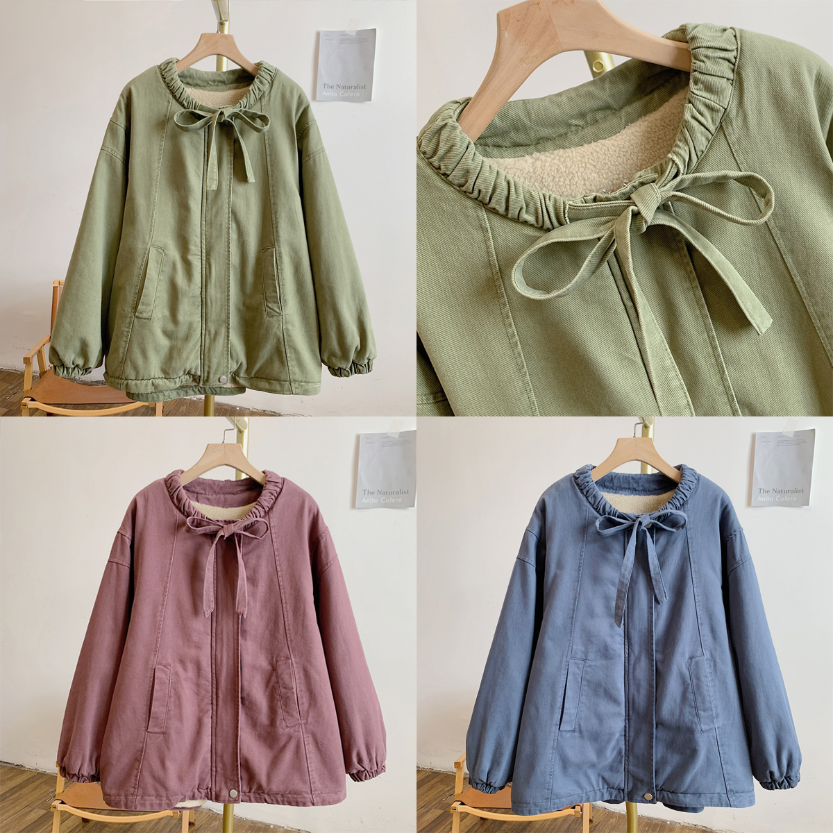 冰岛来信C5241加绒羊羔毛领口抽绳系带拉链外套