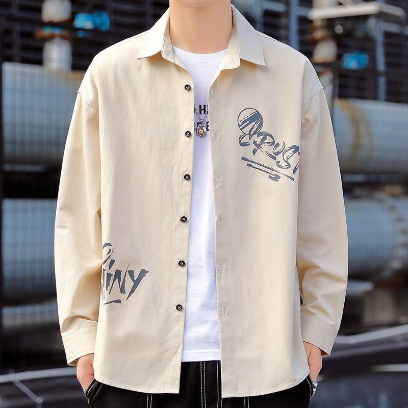 质棉衬衫男长袖夏季薄款外套宽松港风设计感印花上衣服男休闲衬衣