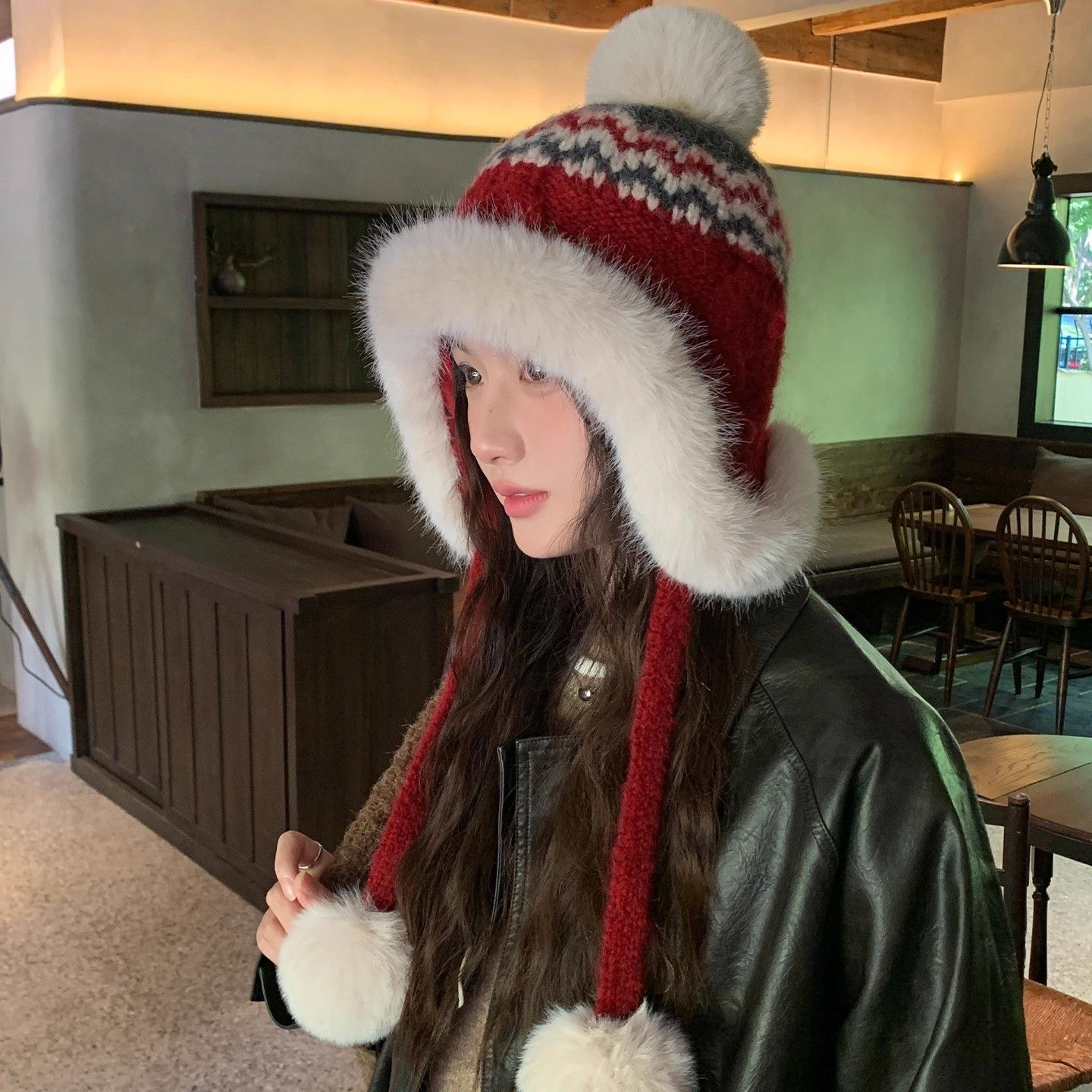 费尔岛复古提花针织帽子女冬季毛绒加厚护耳东北防寒雷锋帽包头帽