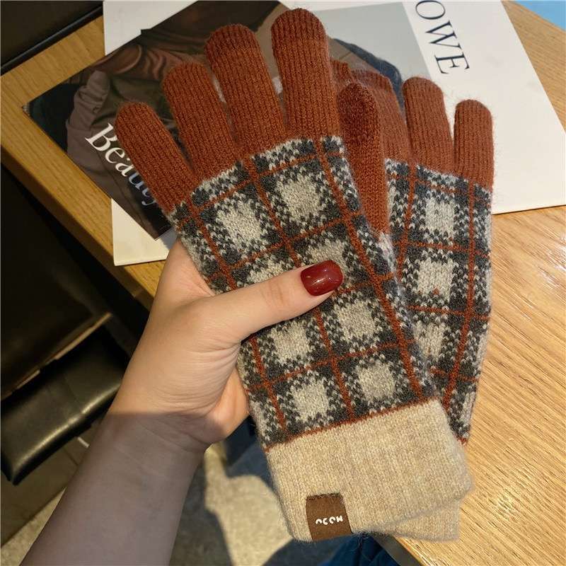 日系撞色格子触屏保暖手套女秋冬季新款针织加绒开车骑行女学生T