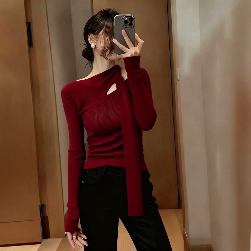 法式新年红色镂空飘带针织衫女秋冬设计感修身毛衣内搭打底衫上衣