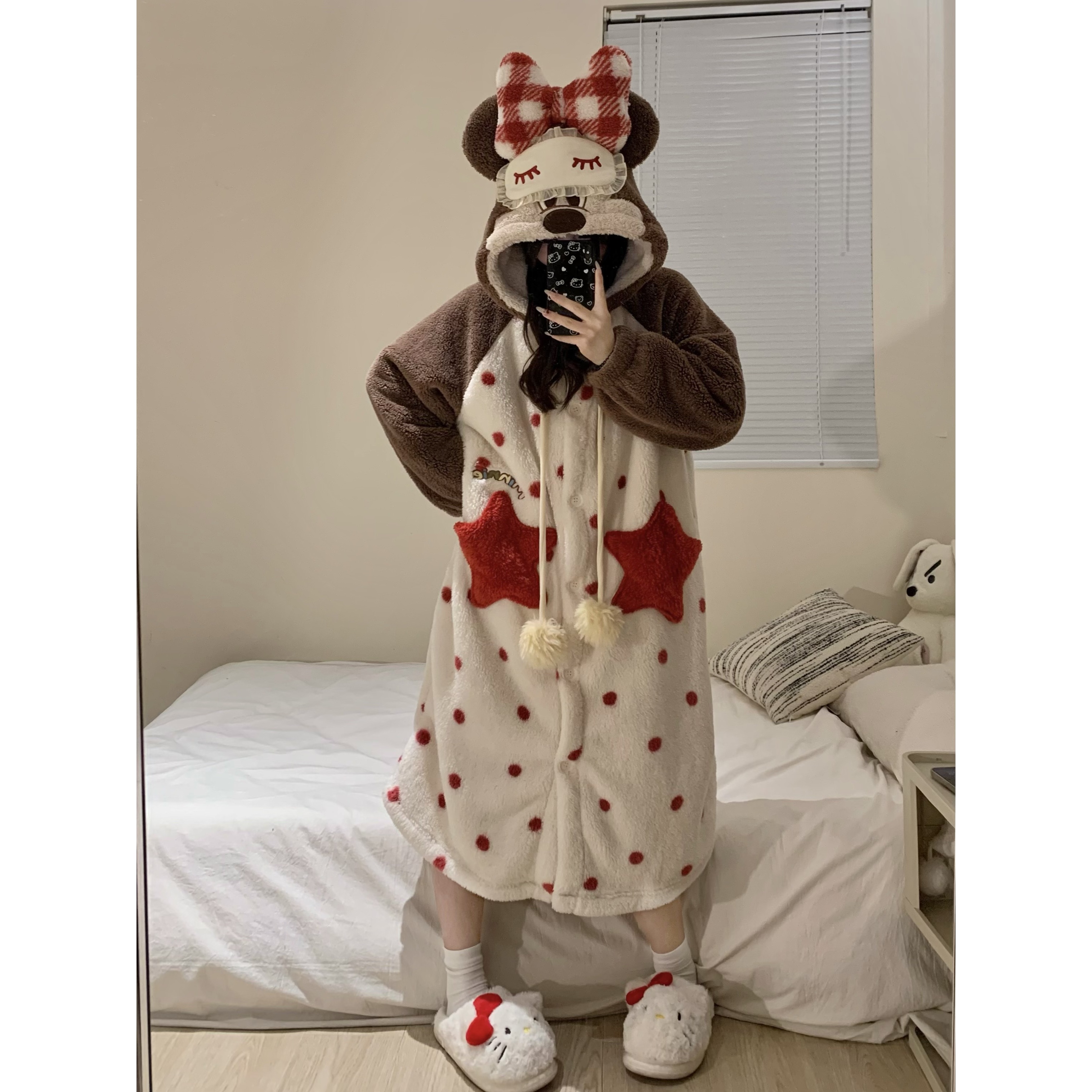 甜美可爱米奇蝴蝶结睡袍女秋冬新款加厚保暖家居服睡裙套装可外穿