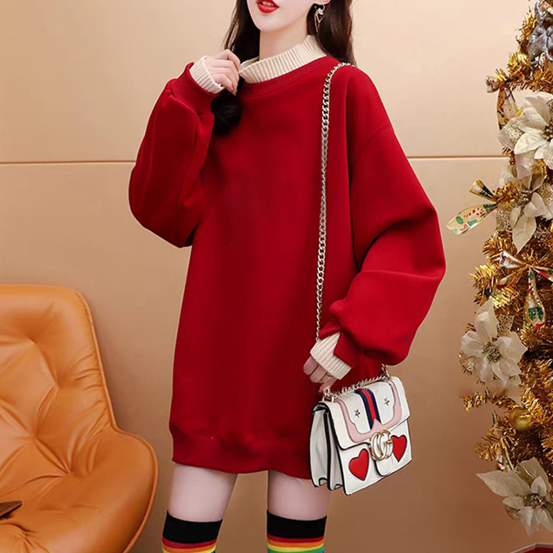 棉复合超柔400G加绒加厚卫衣打底女2025秋冬中长款假两件上衣遮屁