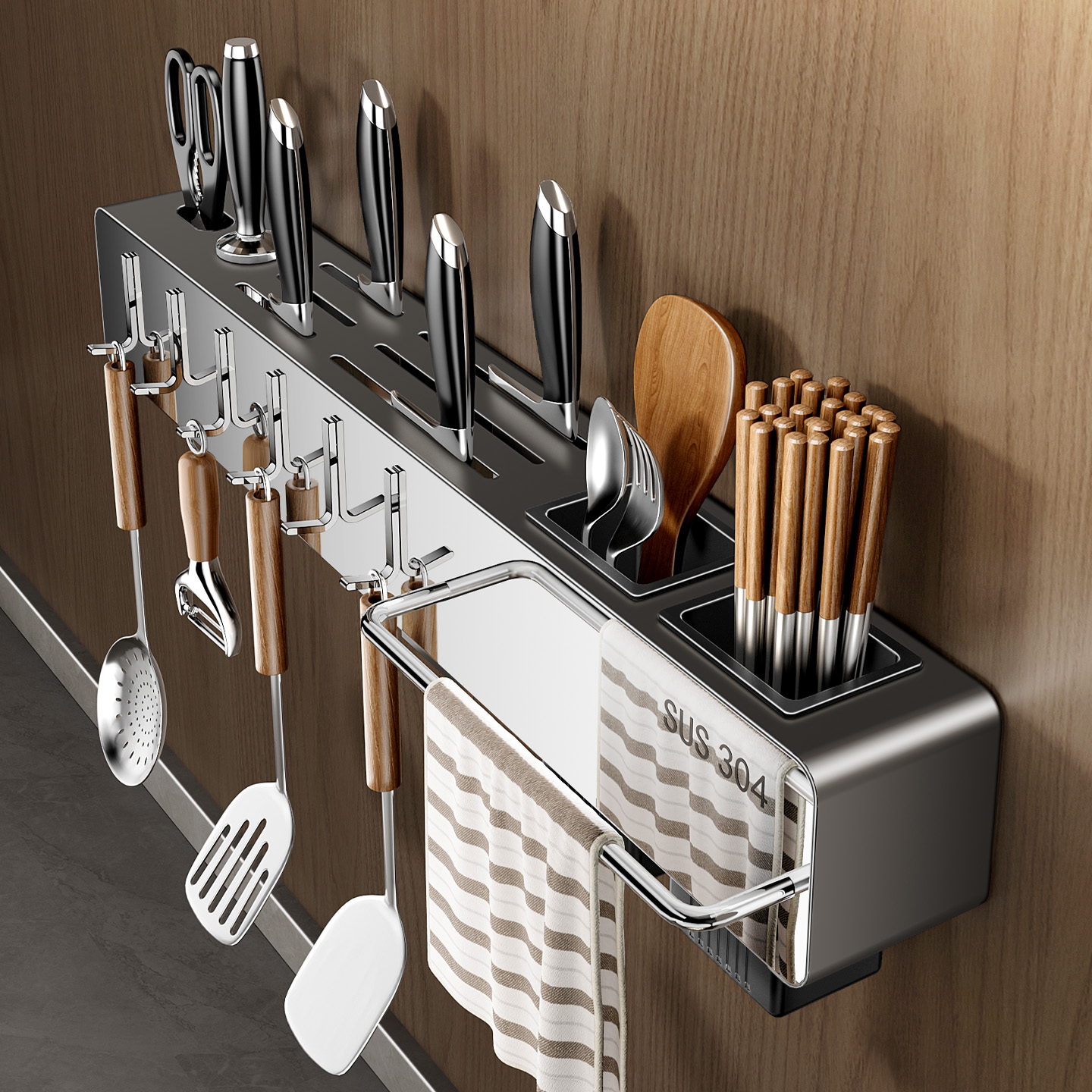 天地鱼不锈钢厨房刀具置物架多功能免打孔收纳架沥水筷子筒壁挂式