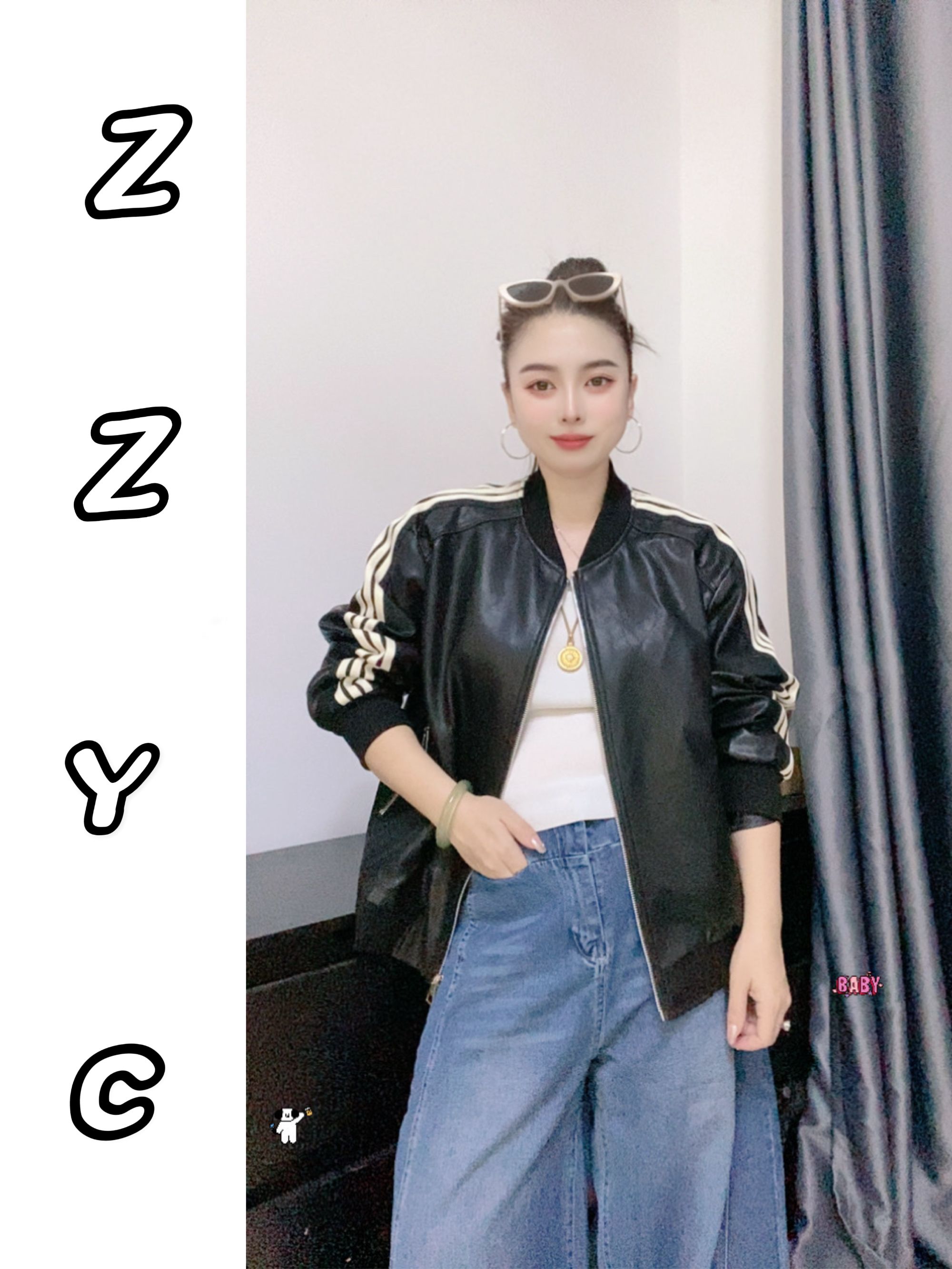 ZZ赵赵2025欧韩时尚洋气减龄设计师款PU三条杠女外套