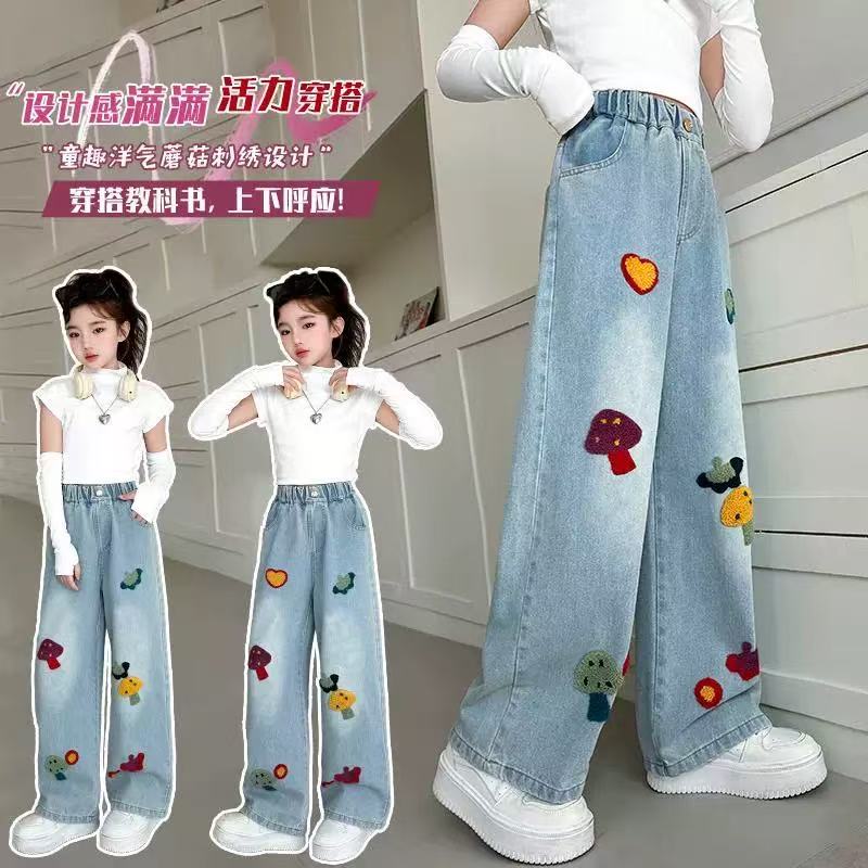女童刺绣牛仔裤2025春季新款中大童裤子高腰长裤直筒宽松阔腿裤