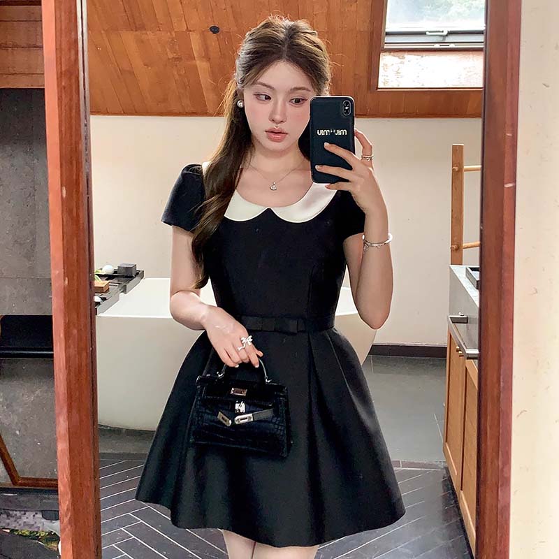 2025千金风娃娃领短袖收腰连衣裙蝴蝶结miu系小洋裙生日裙D3157