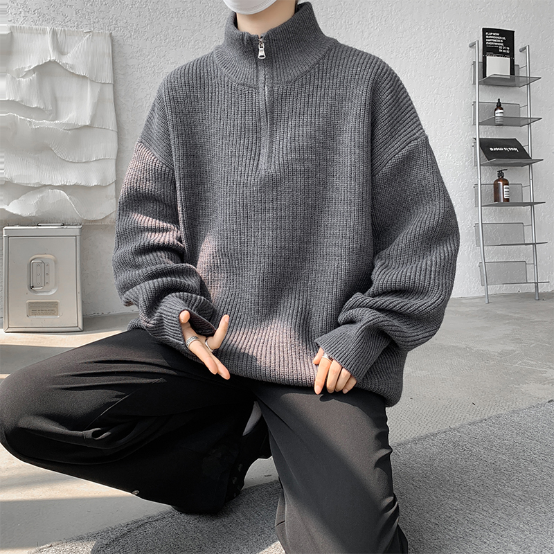 仓石一树灰色半拉链毛衣男款秋冬季慵懒半高立领内搭针织衫外套男