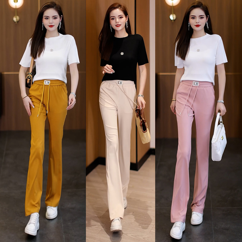 春夏新款高腰微喇裤女裤女新款气质松紧柔软休闲喇叭裤坠感喇叭裤