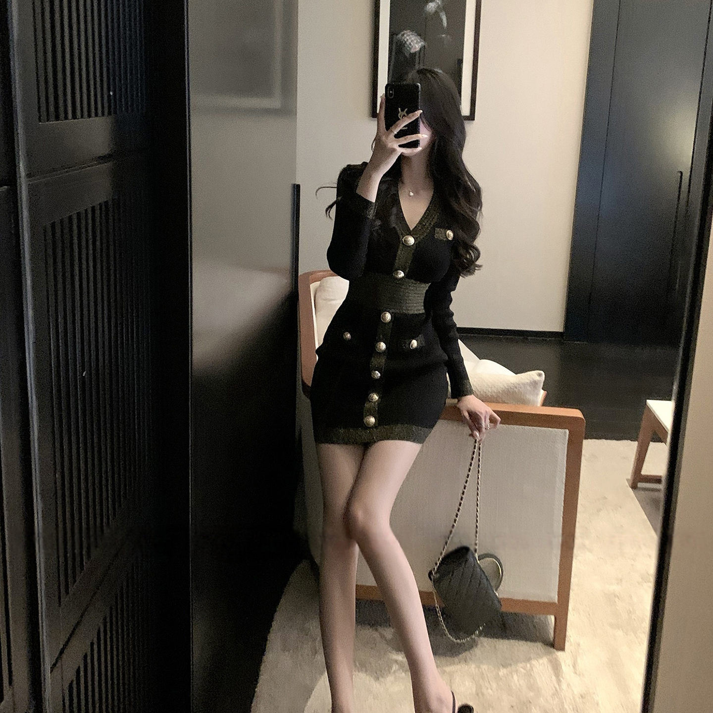 韩国富家千金毛衣连衣裙女秋冬OL小个子心机夜店小香风针织小黑裙