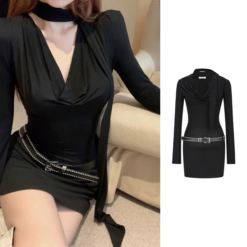 Moses Queen/魔西女王美式辣妹荡领连衣裙夏季御姐风长袖包臀裙子