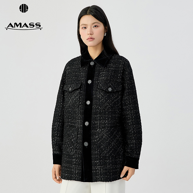阿玛施AMASS新款时尚百搭质感丝绒拼接宽松翻领小香风外套5400894