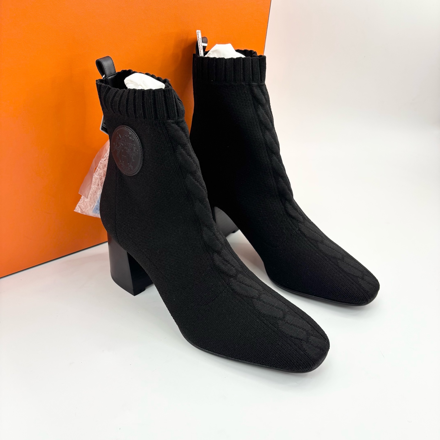 未使用 Hermes/爱马仕 35/37/38/38.5码舒适黑色针织粗跟袜子短靴