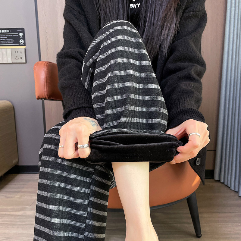 加绒加厚窄版阔腿裤女直筒休闲九分条纹春秋冬季高腰显瘦垂感百搭