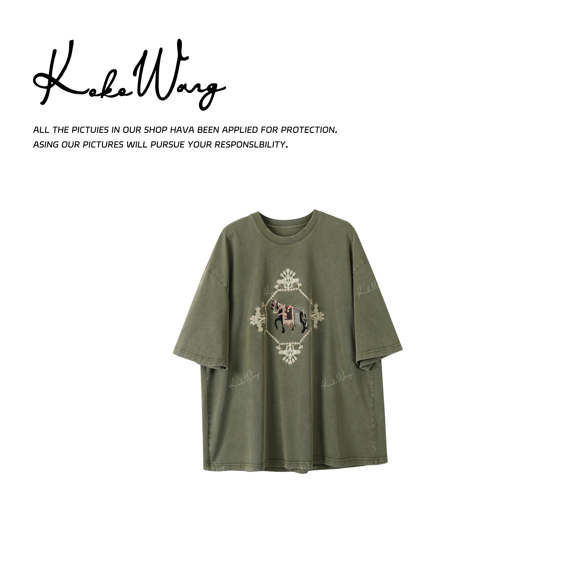 KOKO WANG秋冬复古洗水工艺金丝线绣战马图案短袖T恤 N0685K24T43