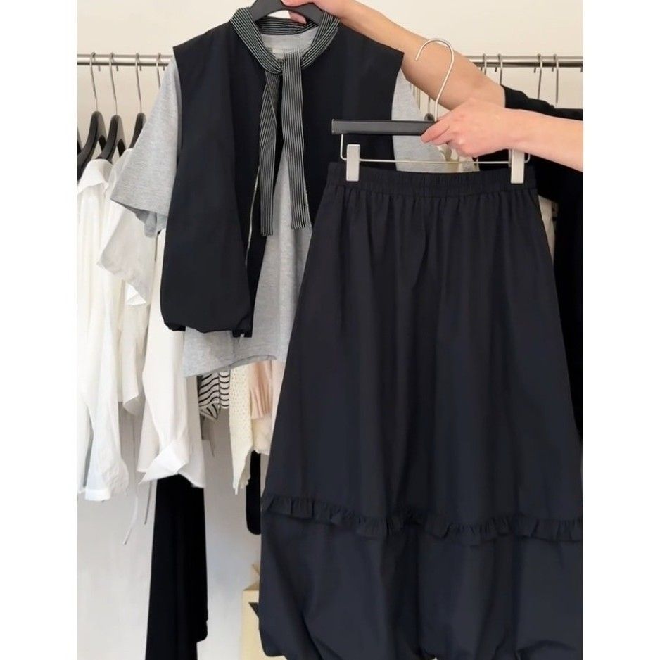 夏季穿搭一整套高级小香风工装马甲休闲短袖花边甜美可爱风格衣服