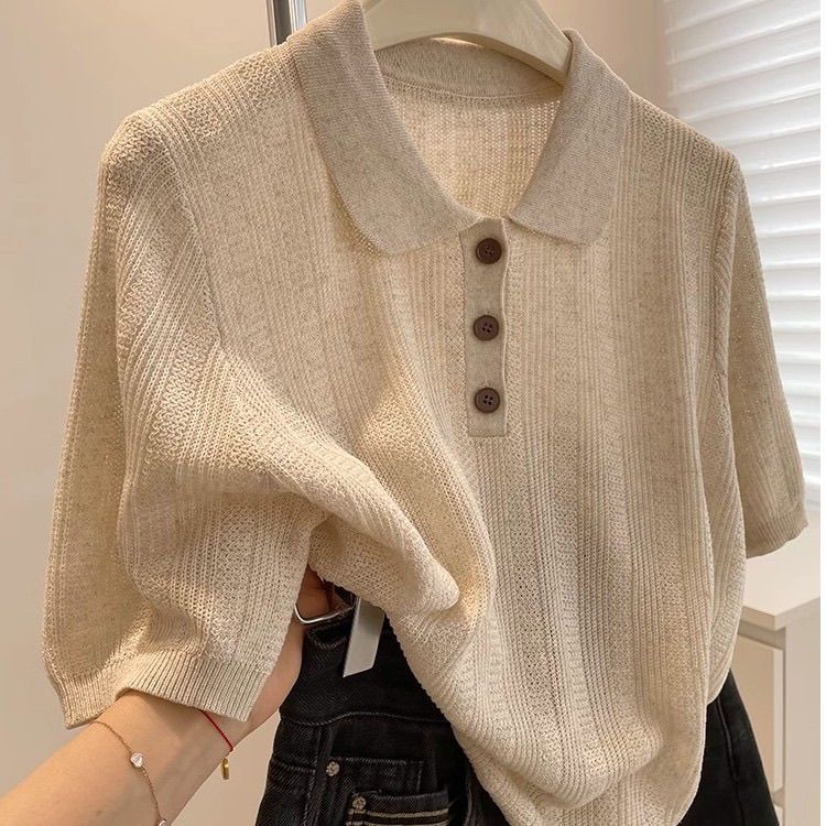 加大码300斤夏季高级感燕麦色Polo领正肩针织短袖t恤男宽松上衣潮