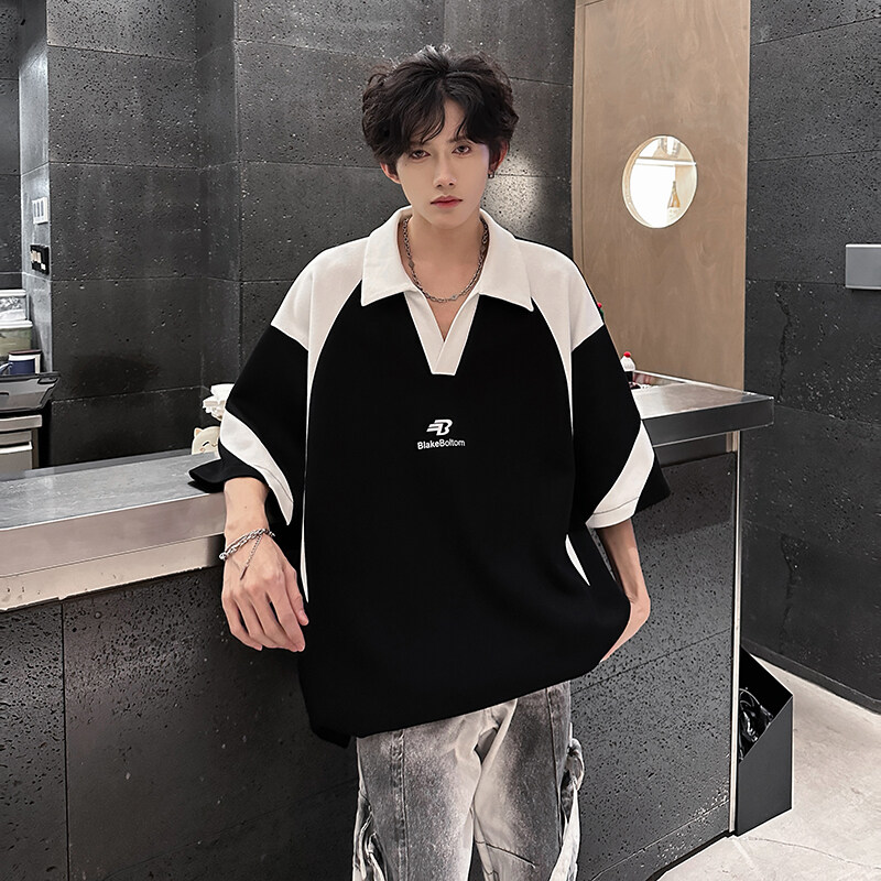 美式高街翻领短袖t恤男款夏季宽松休闲半袖Polo衫撞色拼接五分袖