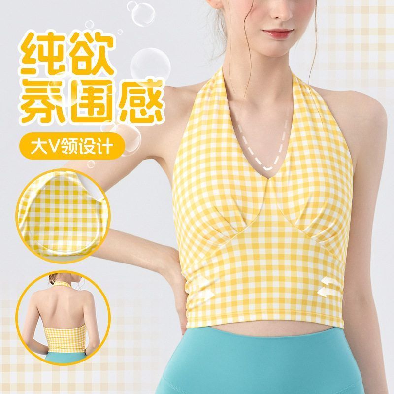 [限购2件-氛围感纯欲挂脖固定胸垫瑜伽美背]运动健身普拉提背心