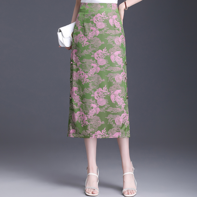 复古气质显瘦提花高腰半身裙女国风夏季侧开叉包臀裙子直筒一步裙