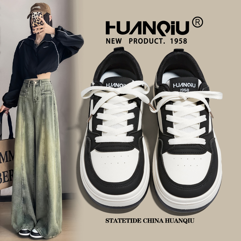 环球黑白熊猫板鞋女2025新款冬季加绒爆款鞋子学生厚底百搭小白鞋