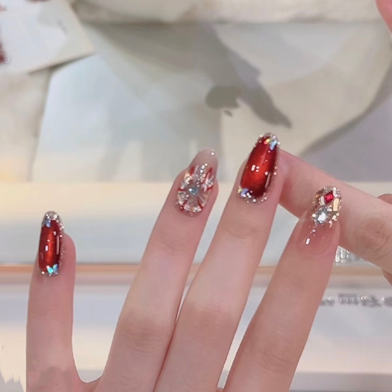 【告白烟火】纯手工穿戴甲红色猫眼手绘烟花高级显白纯手作美甲片