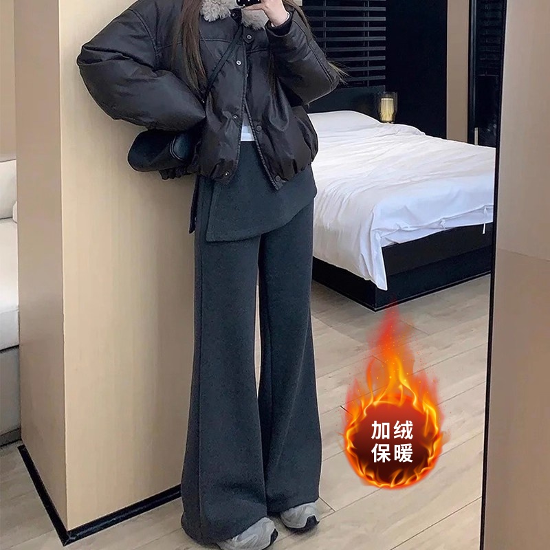 灰色假两件屁帘微喇裤女冬2025新款加绒加厚卫裤小个子高腰休闲裤