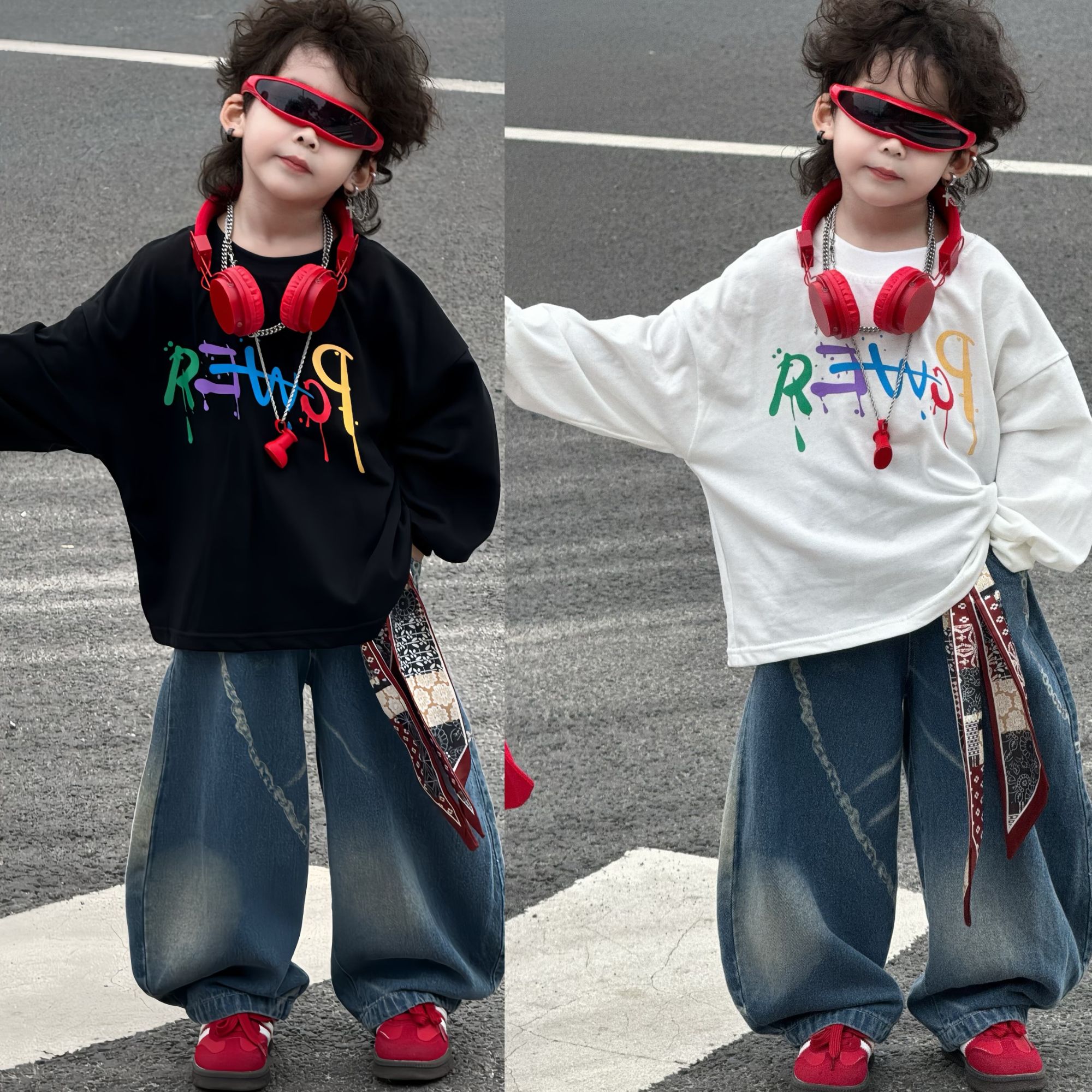 儿童秋季套装2025新款印花长袖T恤时尚百搭牛仔弯刀裤两件套M5