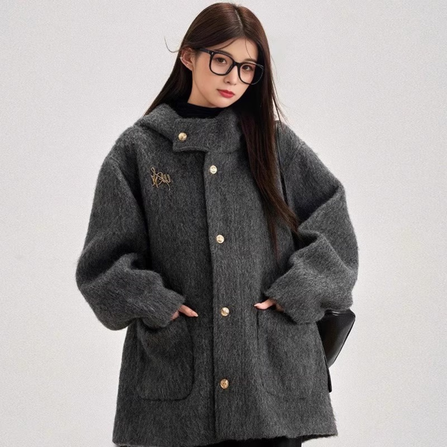 爆款灰色连帽毛呢外套女小个子2025秋冬季新款高级感加厚呢子大衣