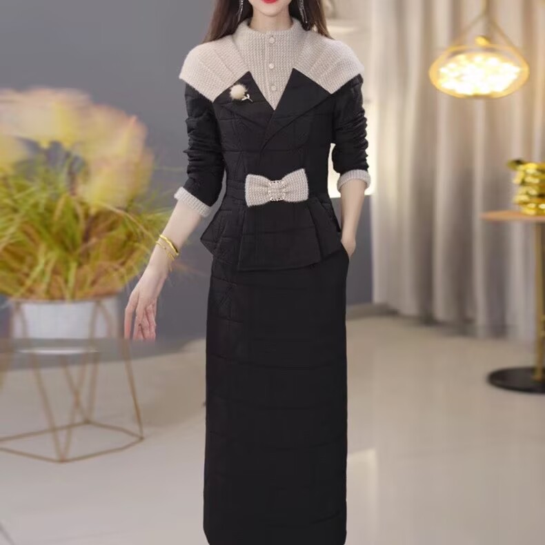【冬季新品】C1255黑色时尚高端中长保暖棉服棉衣修身显瘦冬季套装