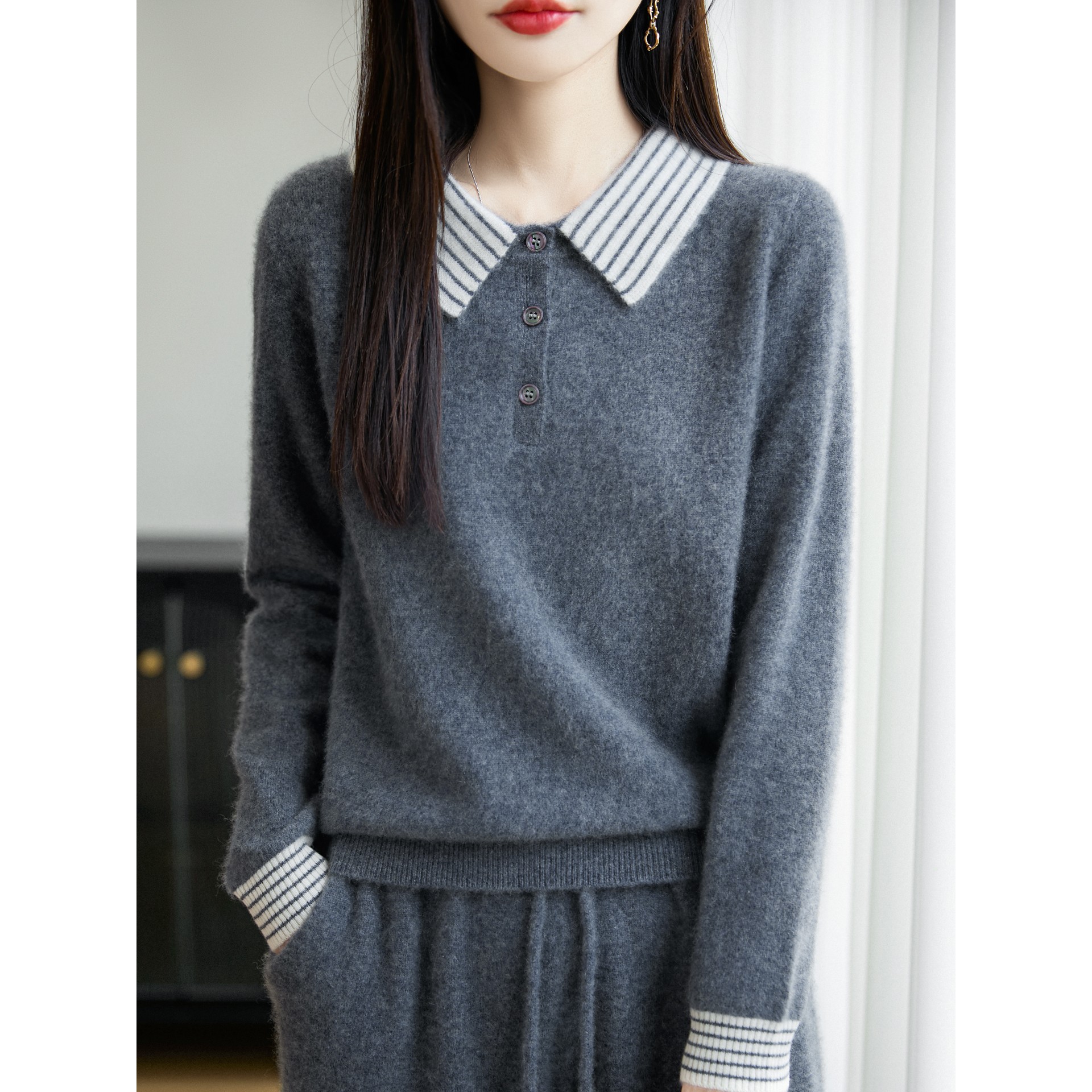 恒源祥集团彩羊法式撞色翻领100纯羊毛衫女2025秋冬新宽松半开领