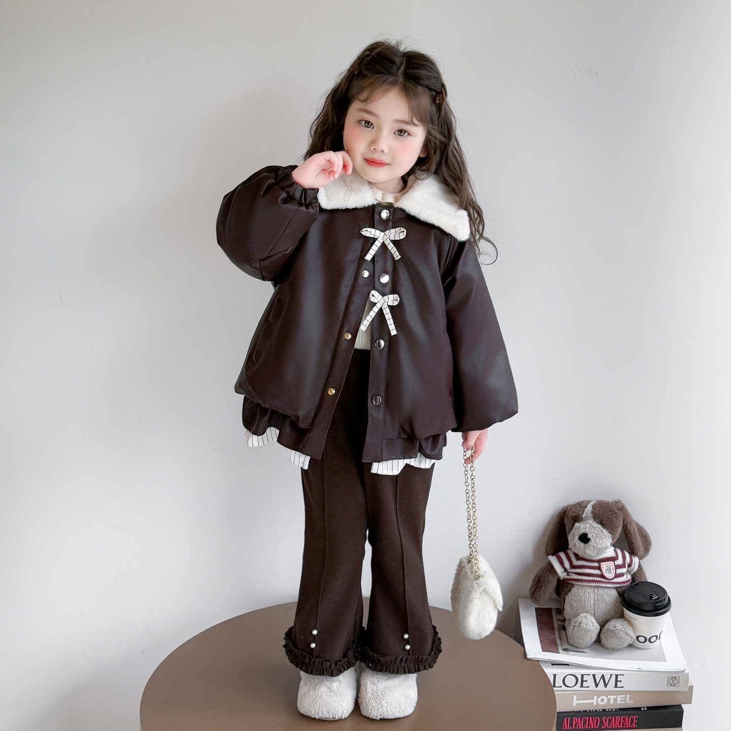 女童加绒皮衣套装秋冬季2025新款网红洋气儿童加厚保暖冬装两件套