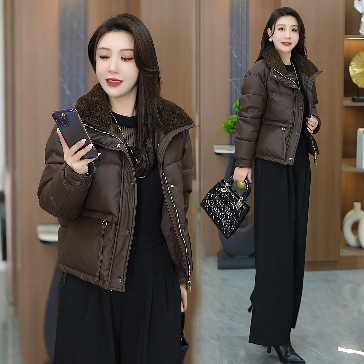时尚短款面包服女冬季新款PU皮立领免洗加厚保暖棉衣气质时髦棉服