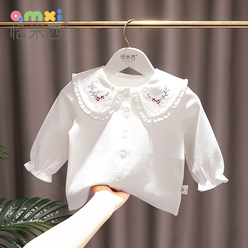 女童娃娃领春秋长袖宝宝白色衬衫刺绣翻领打底衫2025秋装新款
