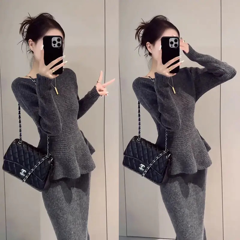 2025新款秋冬韩系慵懒温柔风收腰针织毛衣包臀半身长裙两件套装女