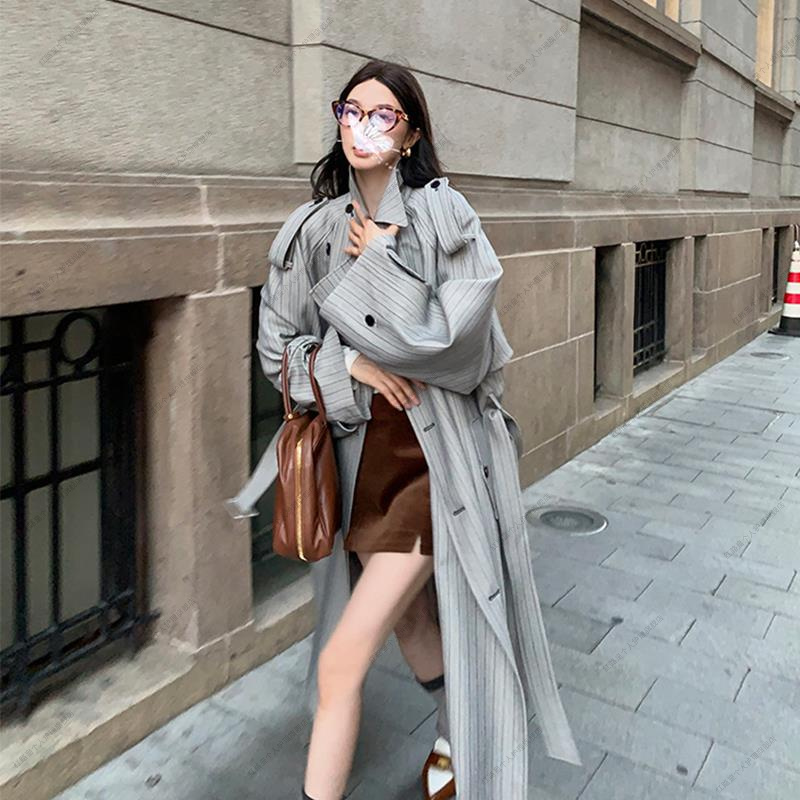双排扣条纹风衣外套女2025春季宽松高级感重工系带廓形中长款大衣