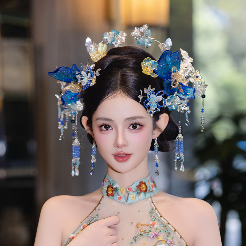 合金婚庆饰品 中式新娘小众蓝色花朵发簪套装古风秀禾服配饰D0578