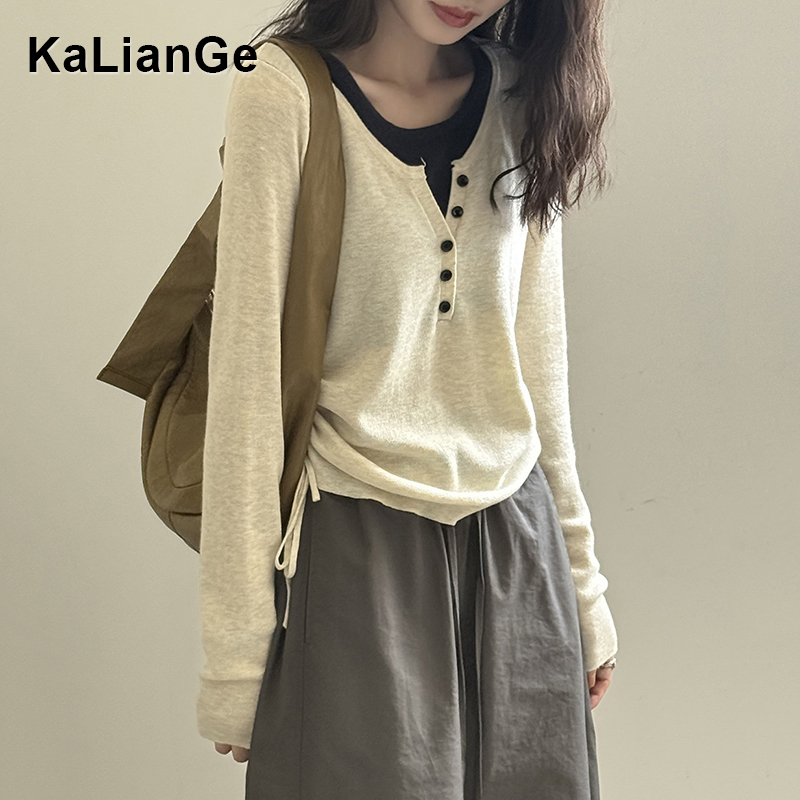 卡莲格/假两件纽扣套头长袖打底衫女早秋季设计感小众内搭T恤上衣