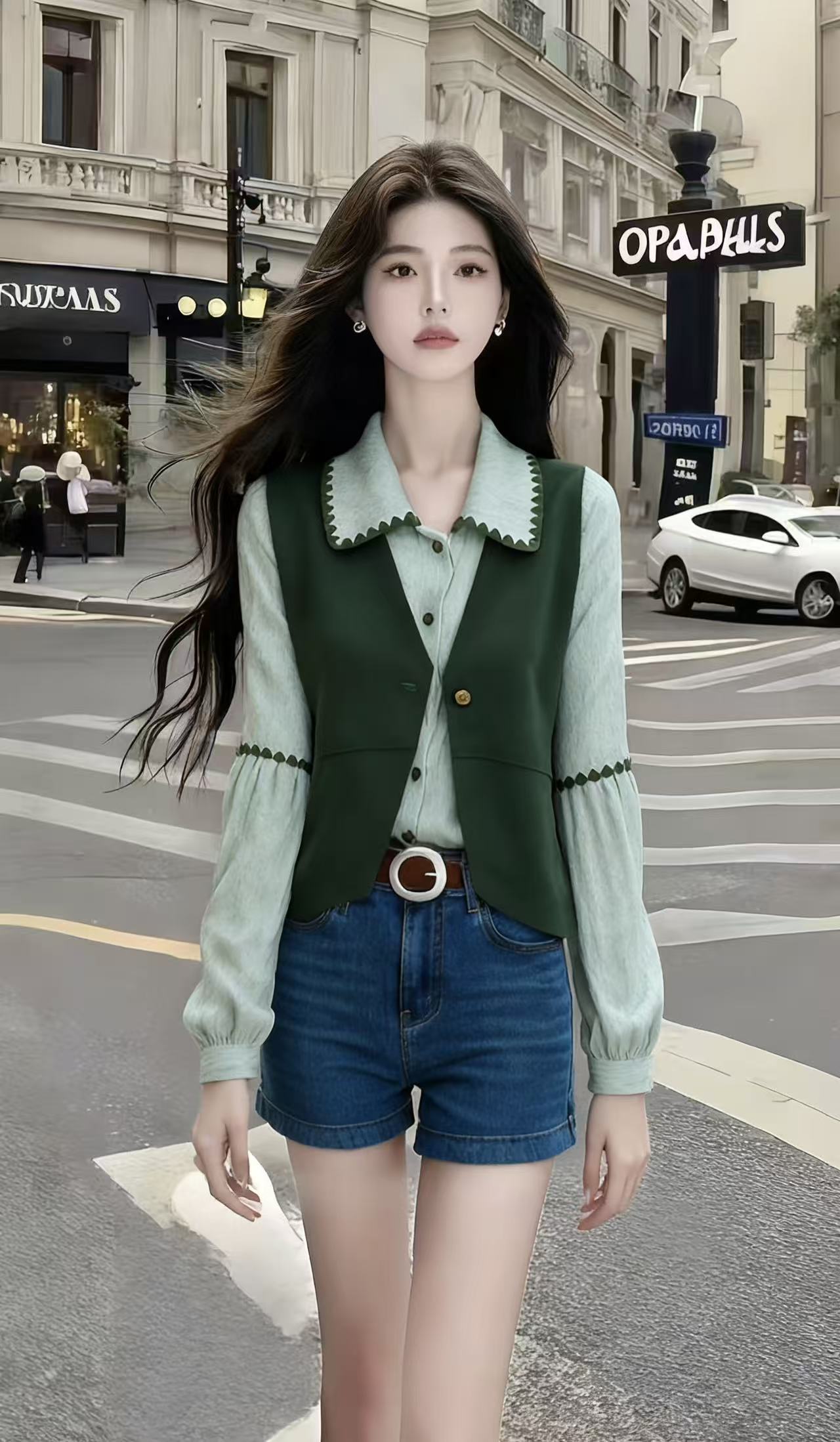 新款小众秋季绿色翻领长袖设计感衬衫上衣+绿色无袖马甲女两件套