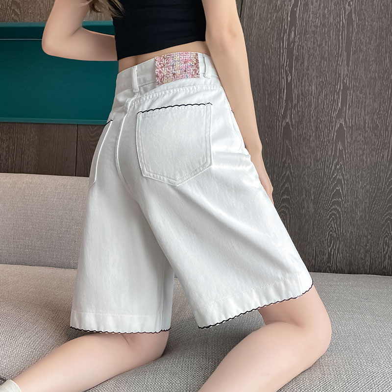 刺绣花边阔腿五分牛仔短裤女2025年夏季薄款高腰小个子a字裤