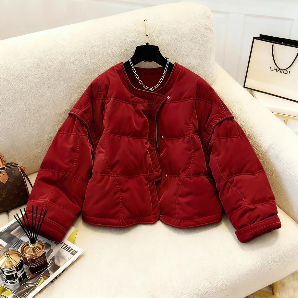 2025冬季新款暗红色丝绒棉服保暖外套女装时髦通勤小众面包服爆款