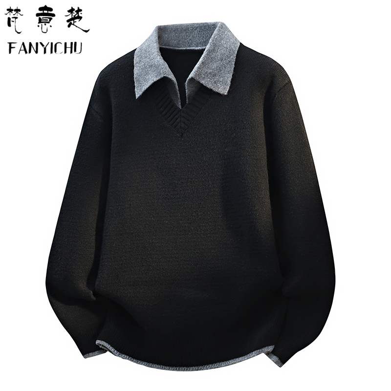 秋冬季假两件毛衣男针织保暖百搭时尚美式翻领针织打底衫上衣男装