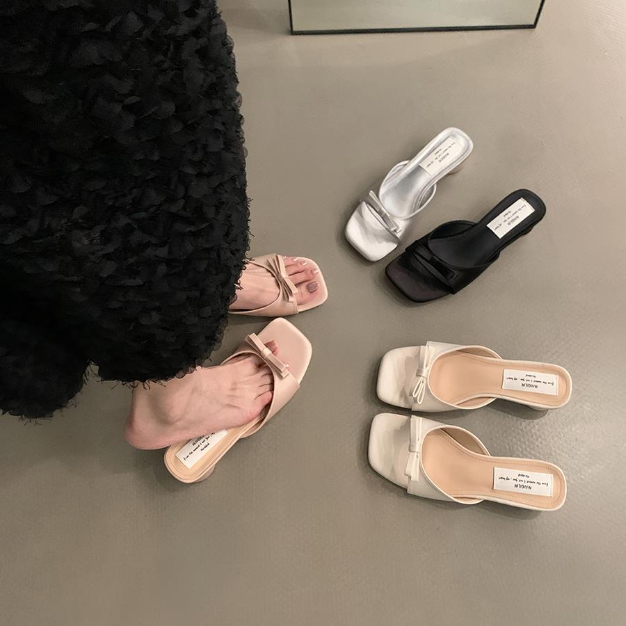 法式凉拖蝴蝶结一字拖鞋夏季新款仙女鞋子外穿气质粗跟凉鞋女