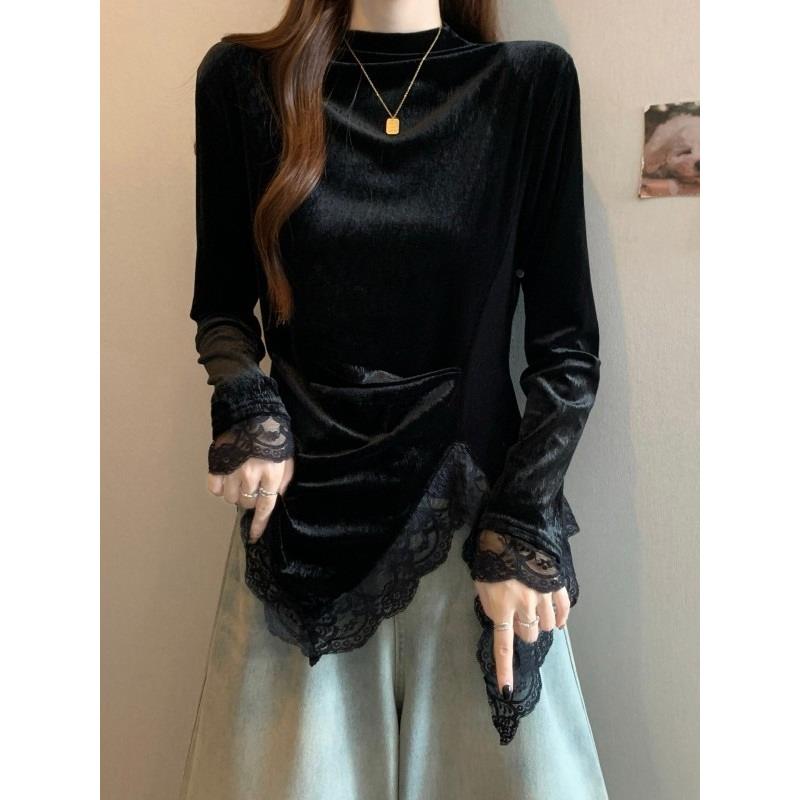 不规则金丝绒打底衫女早秋冬大码胖mm内搭高级感蕾丝拼接显瘦上衣