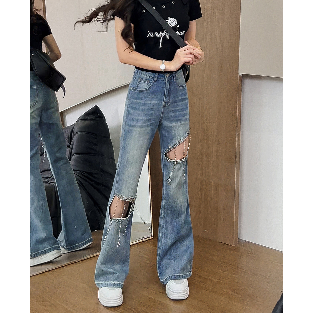 171破洞链条高腰微喇叭牛仔裤女秋季2025年新款修身辣妹拖地裤子