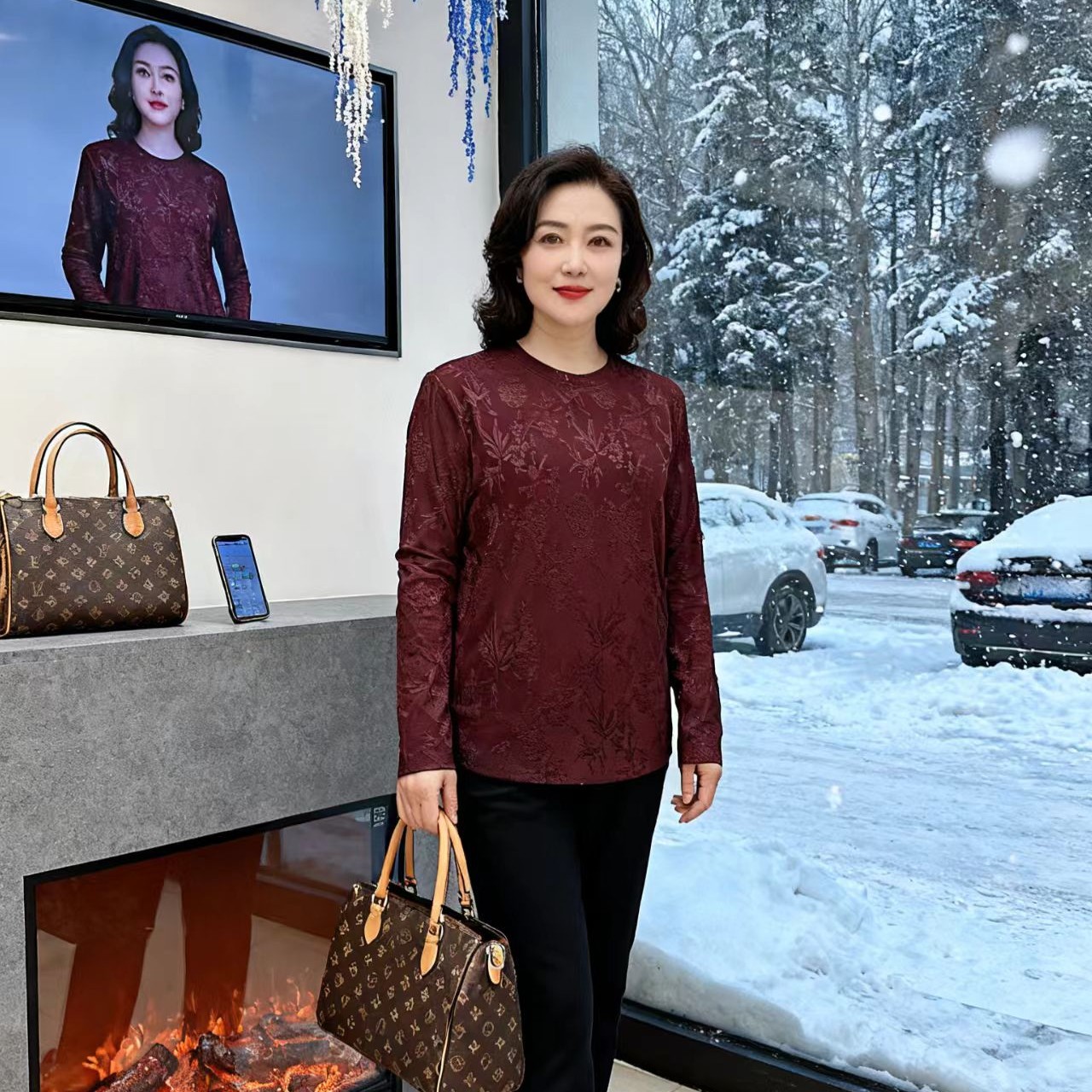 （大码女装）2025年大码女装遮肉显瘦圆领冬季T花抓毛打底衫