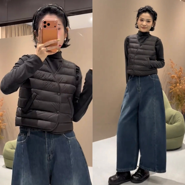 欧货轻薄羽绒马甲女冬季百搭无袖加厚背心双排扣修身保暖马夹棉服