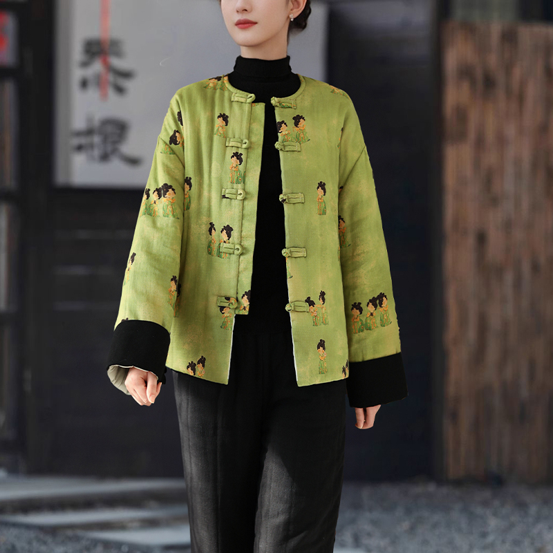 2025新款复古印花棉服外套新中式冬季加厚圆领国风盘扣短款棉衣