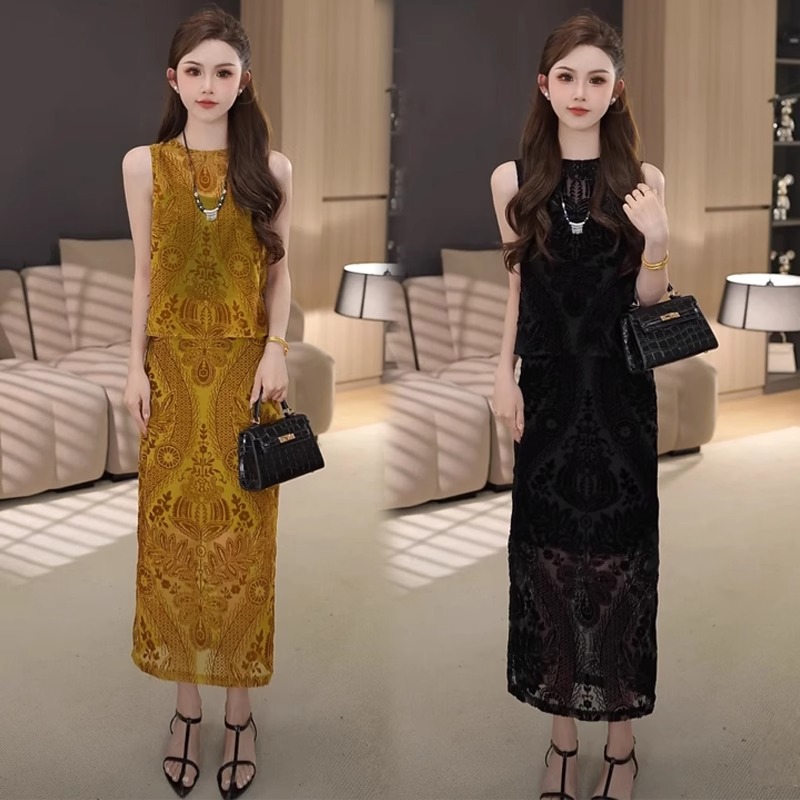 拉夏贝尔时尚套装裙女夏季新款洋气无袖上衣开叉半身裙提花两件套